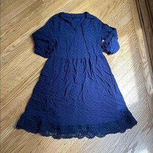 SHEIN Navy Boho Peasant Dress L, Crochet Hem, Textured Swiss Dot, 3/4 Sleeve